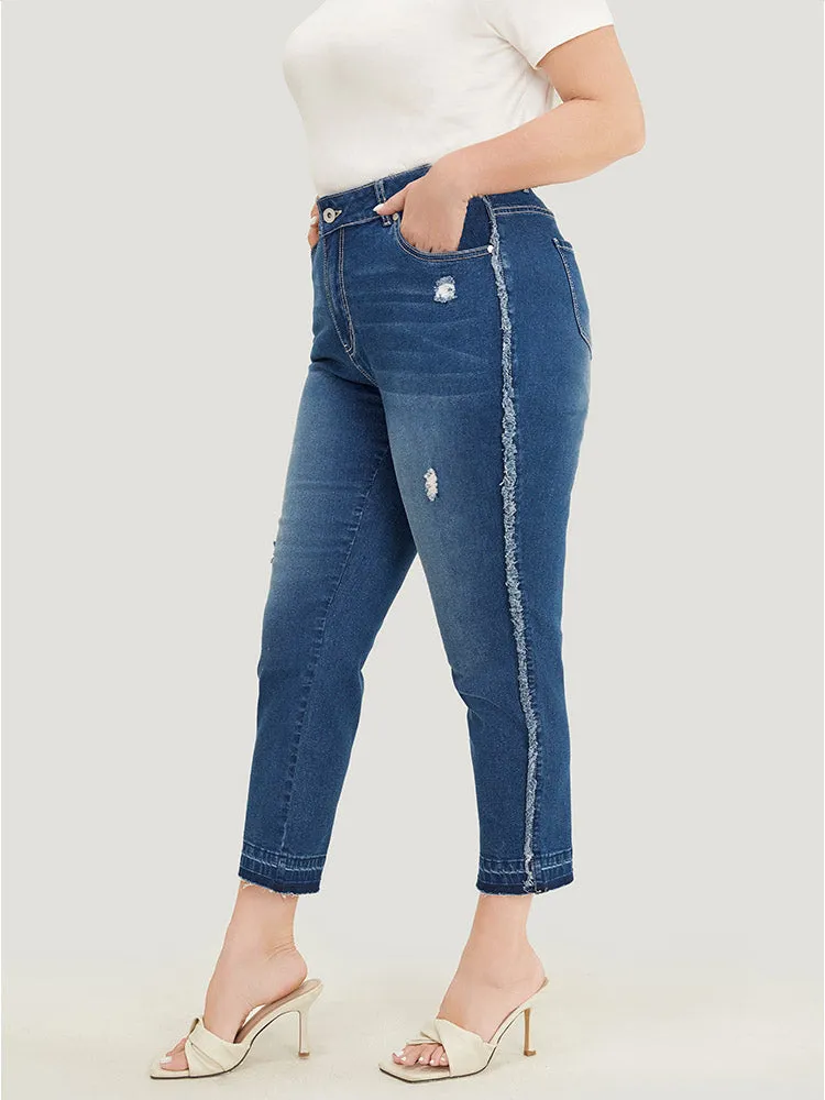 Very Stretchy High Rise Medium Wash Raw Trim Jeans sold by Bloomchic product image thumbnail 4