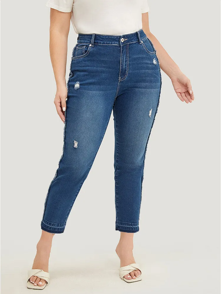 Very Stretchy High Rise Medium Wash Raw Trim Jeans sold by Bloomchic