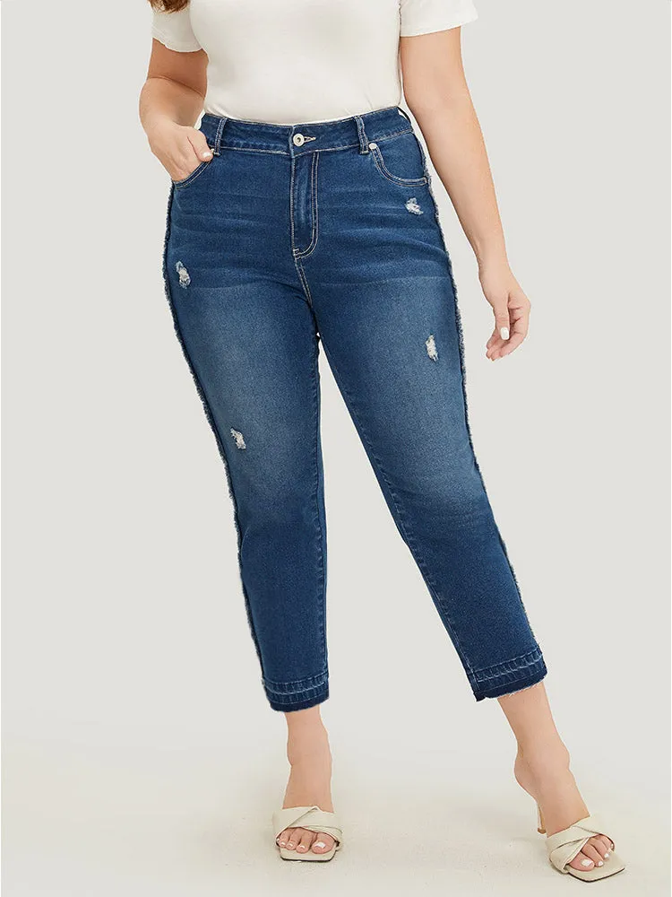 Very Stretchy High Rise Medium Wash Raw Trim Jeans sold by Bloomchic product image thumbnail 5