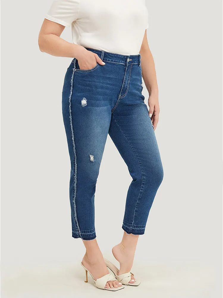Very Stretchy High Rise Medium Wash Raw Trim Jeans sold by Bloomchic product image thumbnail 2