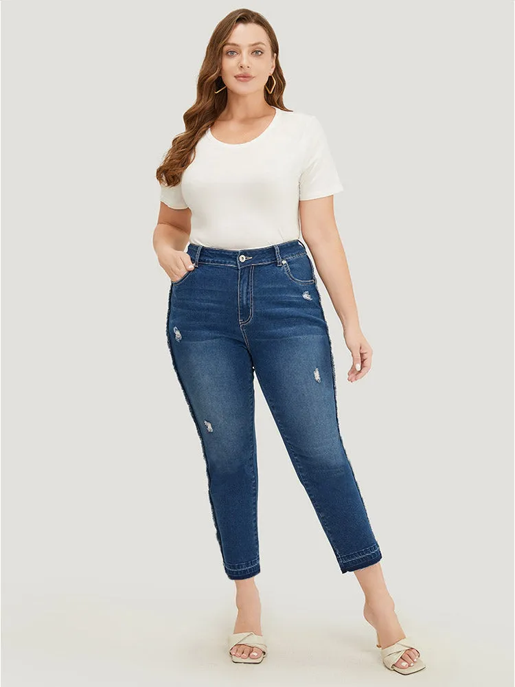 Very Stretchy High Rise Medium Wash Raw Trim Jeans sold by Bloomchic product image thumbnail 3