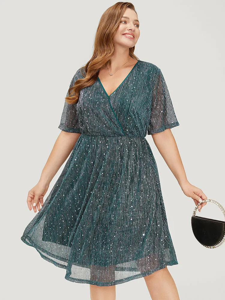 Glitter Mesh Flutter Sleeve Pocket Wrap Dress sold by Bloomchic product image thumbnail 3