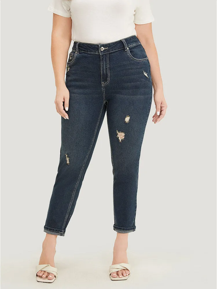 Very Stretchy High Rise Dark Wash Distressed Stitch Jeans sold by Bloomchic product image thumbnail 4