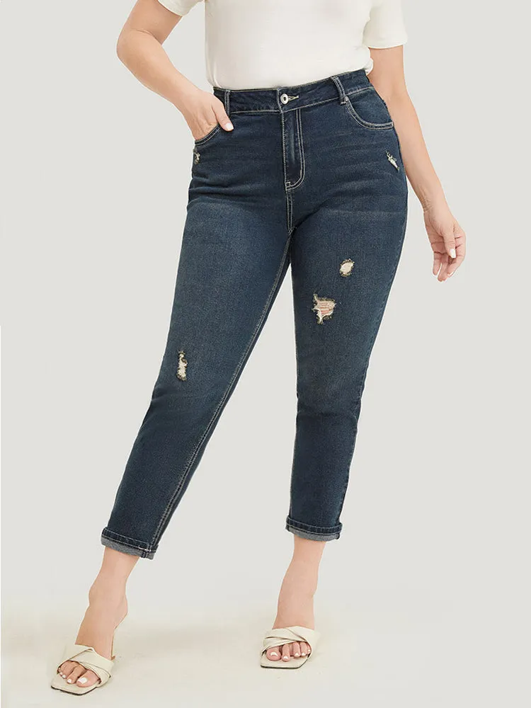 Very Stretchy High Rise Dark Wash Distressed Stitch Jeans sold by Bloomchic