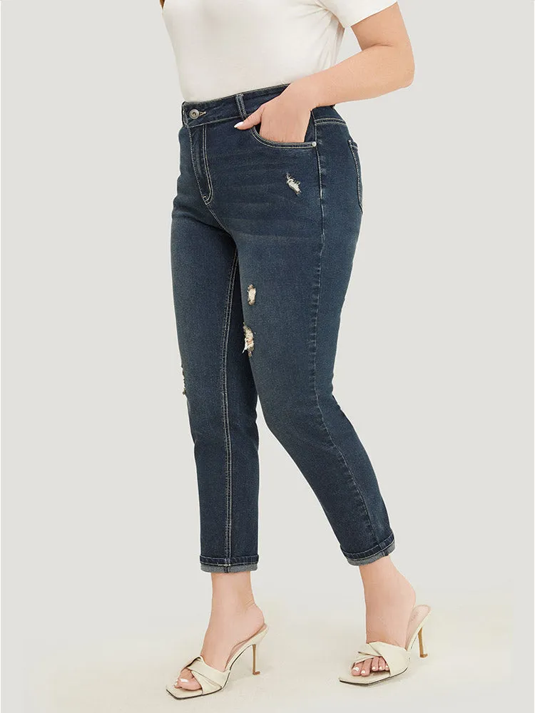 Very Stretchy High Rise Dark Wash Distressed Stitch Jeans sold by Bloomchic product image thumbnail 5