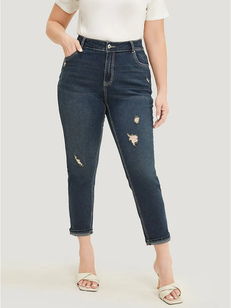 Very Stretchy High Rise Dark Wash Distressed Stitch Jeans sold by Bloomchic product image thumbnail 2