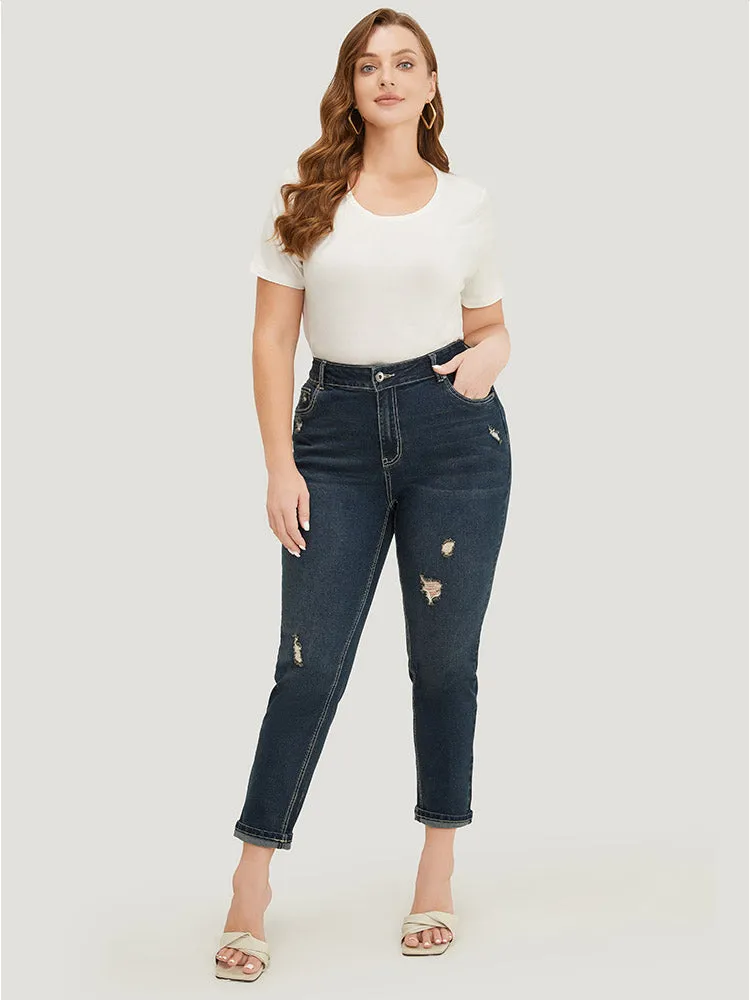 Very Stretchy High Rise Dark Wash Distressed Stitch Jeans sold by Bloomchic product image thumbnail 3