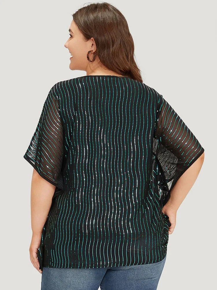 Glitter Striped Mesh Batwing Sleeve Blouse sold by Bloomchic product image thumbnail 5