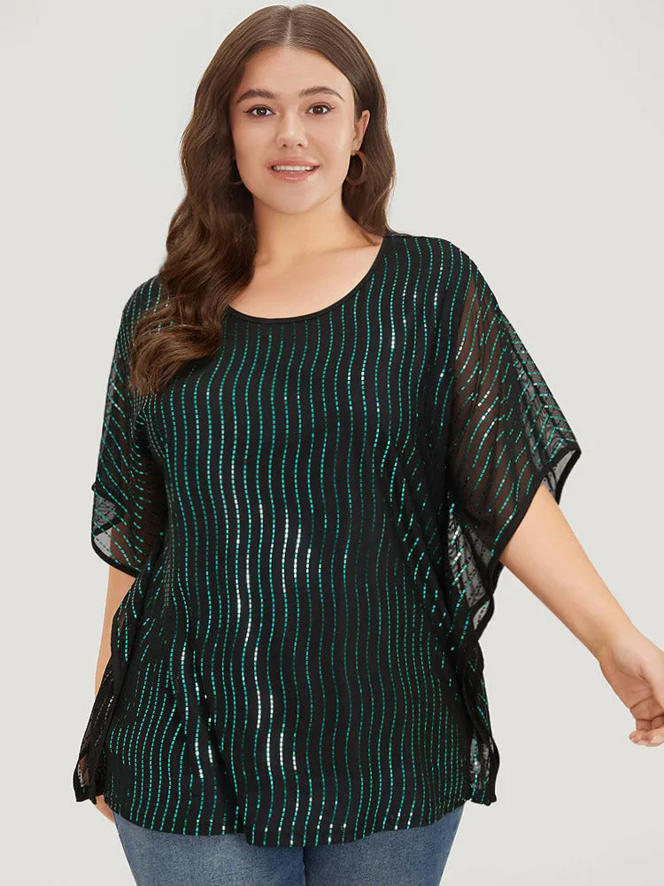 Glitter Striped Mesh Batwing Sleeve Blouse sold by Bloomchic product image thumbnail 2