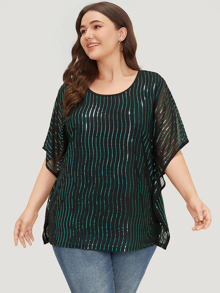 Glitter Striped Mesh Batwing Sleeve Blouse sold by Bloomchic