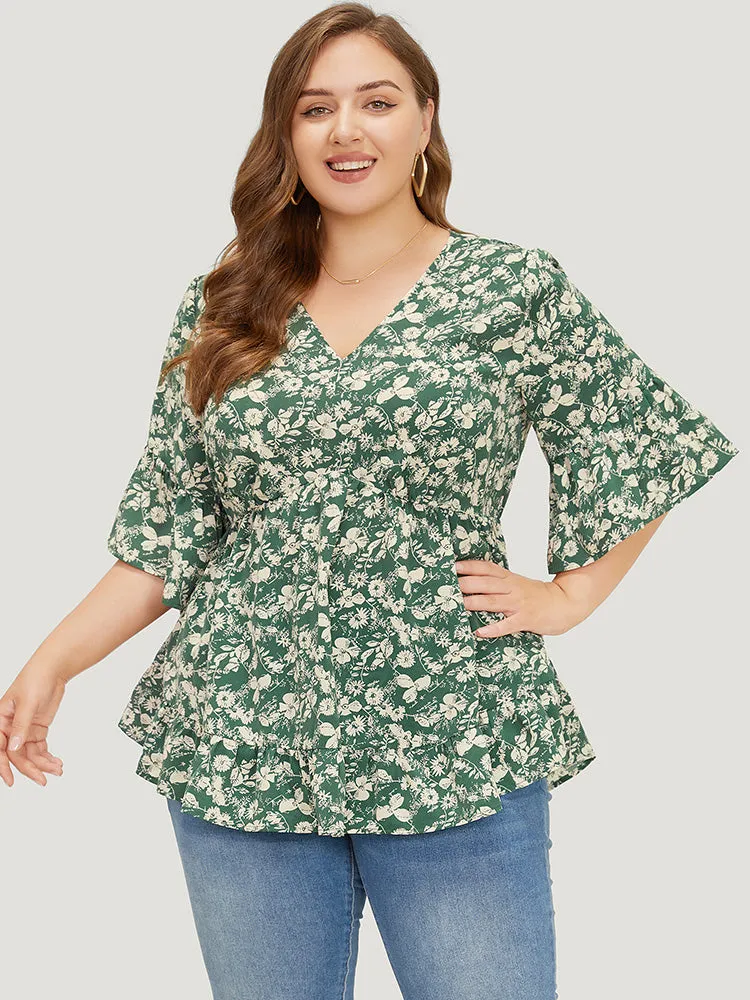 Ditsy Floral Bell Sleeve Flutter Hem Blouse sold by Bloomchic