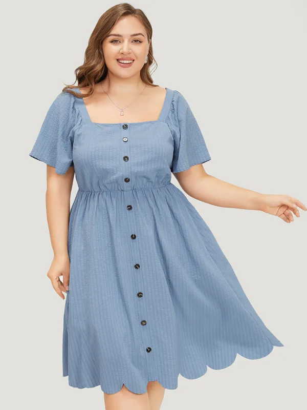 Plain Textured Ruffle Sleeve Pocket Scalloped Trim Dress sold by Bloomchic