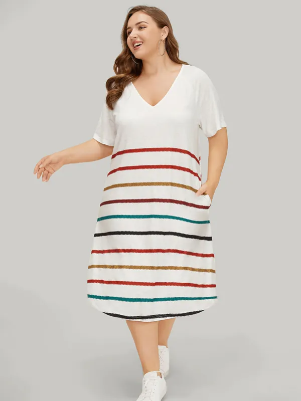 Rainbow Striped Pocket Curved Hem Dress sold by Bloomchic