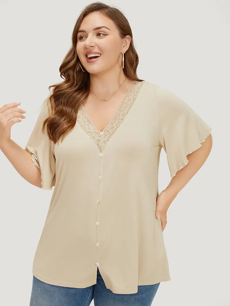 Plain Ruffle Sleeve Button Detail Lace Trim T-shirt sold by Bloomchic product image thumbnail 5