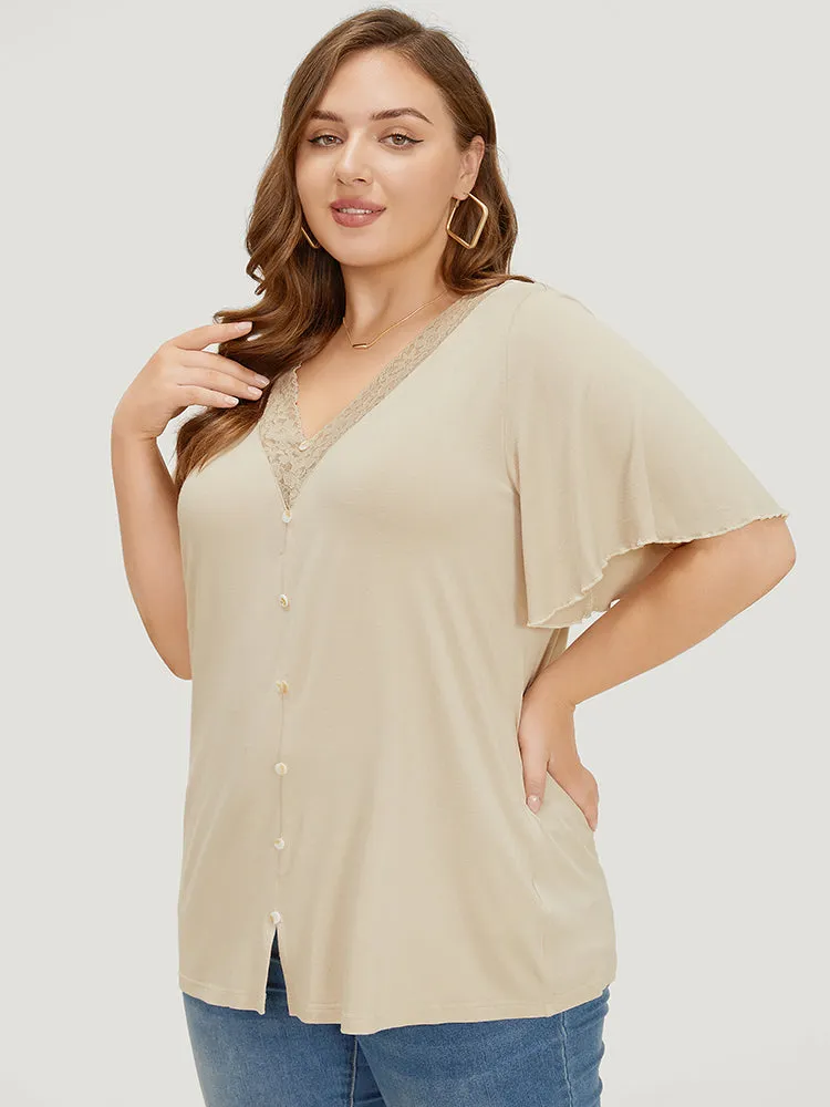 Plain Ruffle Sleeve Button Detail Lace Trim T-shirt sold by Bloomchic product image thumbnail 2