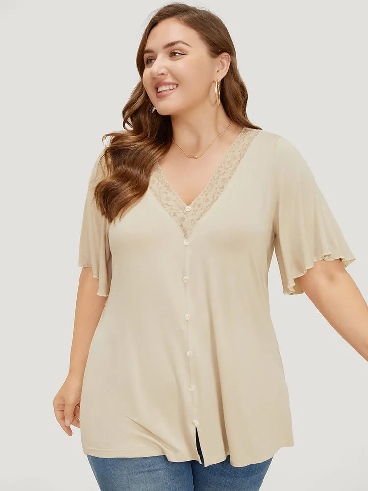 Plain Ruffle Sleeve Button Detail Lace Trim T-shirt sold by Bloomchic product image thumbnail 3