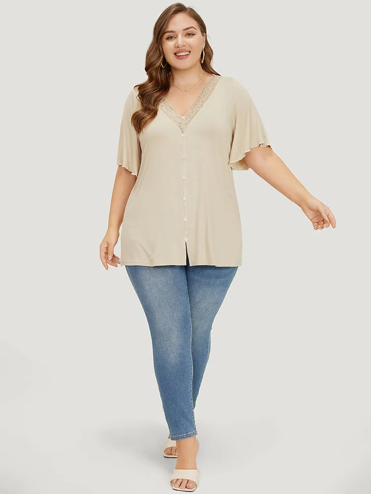 Plain Ruffle Sleeve Button Detail Lace Trim T-shirt sold by Bloomchic product image thumbnail 4