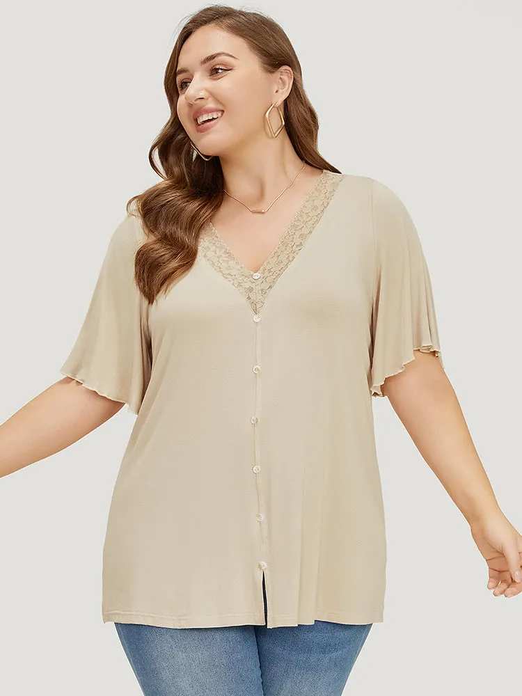 Plain Ruffle Sleeve Button Detail Lace Trim T-shirt sold by Bloomchic