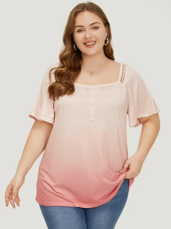Ombre Print Ruffle Sleeve Contrast Lace T-shirt sold by Bloomchic