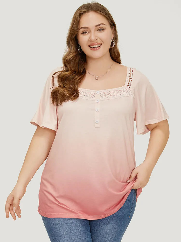 Ombre Print Ruffle Sleeve Contrast Lace T-shirt sold by Bloomchic