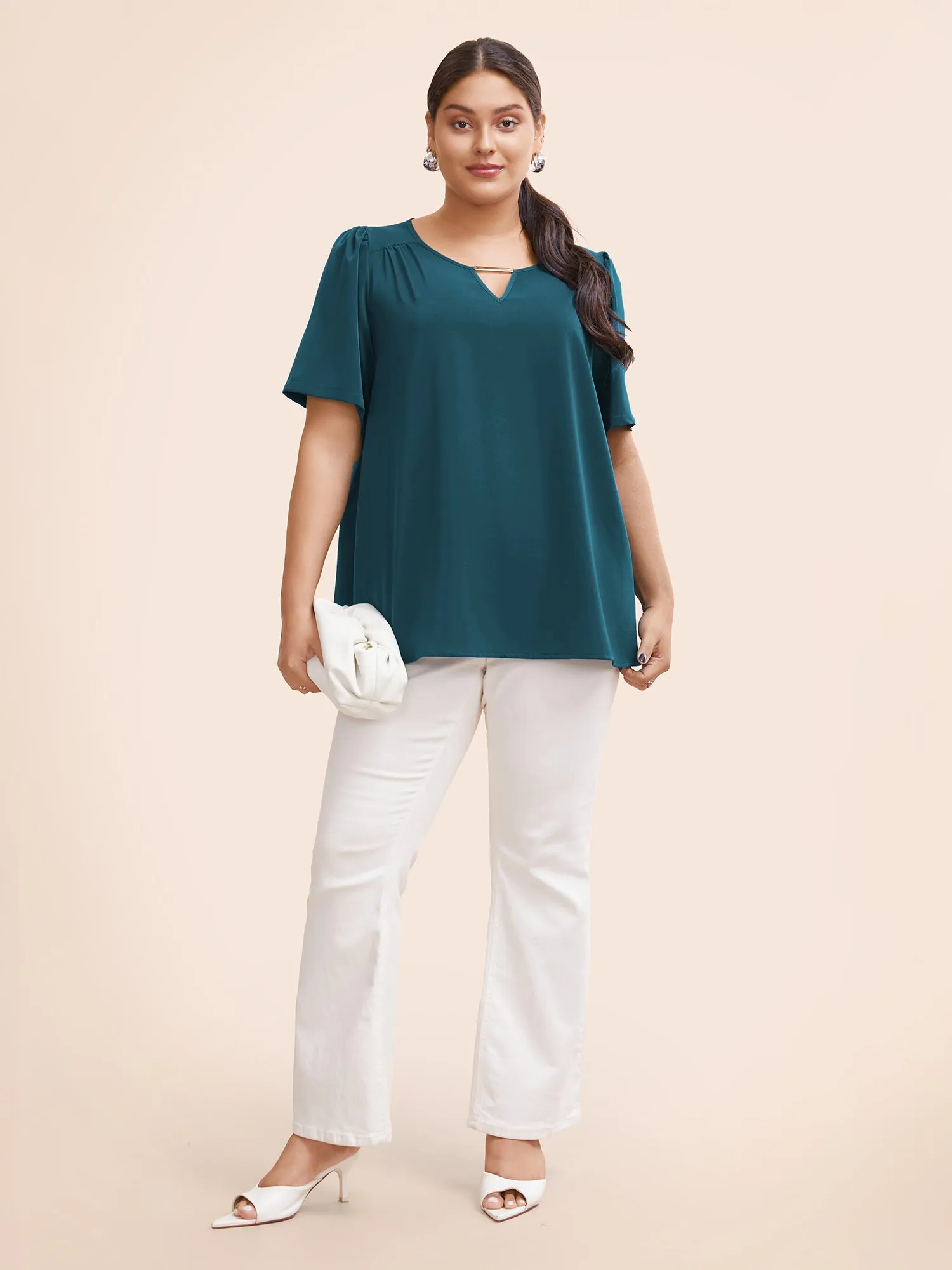 Anti-Wrinkle Plain Metal Detail Keyhole Neck Blouse sold by Bloomchic product image thumbnail 2