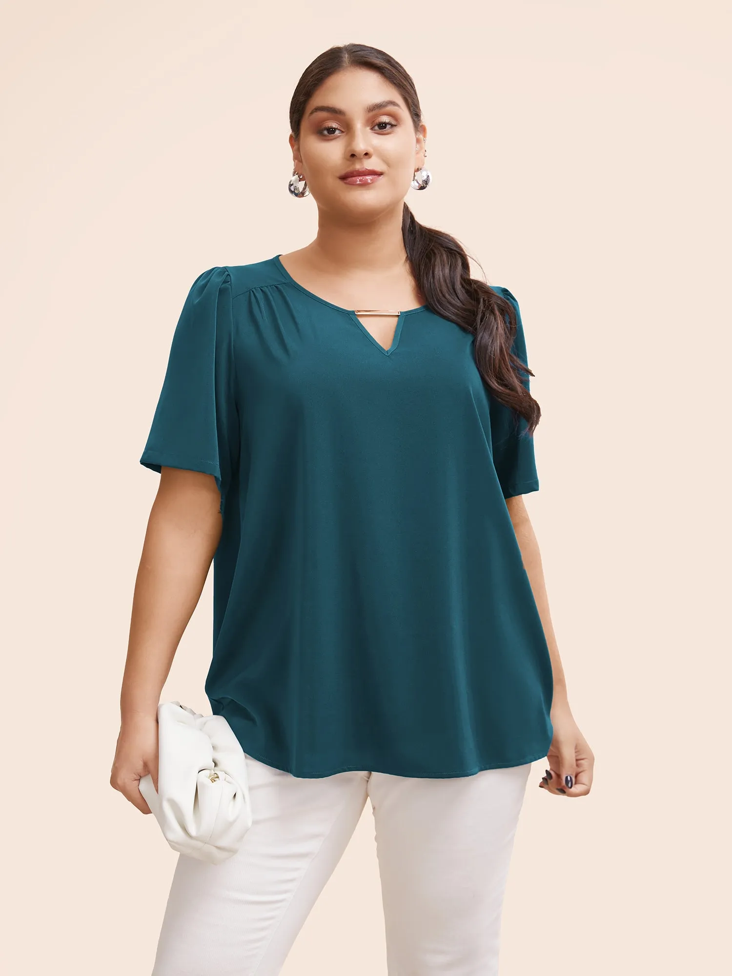 Anti-Wrinkle Plain Metal Detail Keyhole Neck Blouse sold by Bloomchic