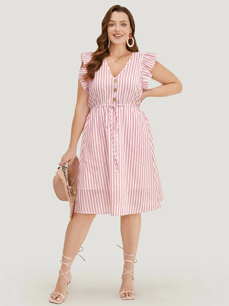 Striped Print Button Detail Ruffle Trim Drawstring Dress sold by Bloomchic product image thumbnail 4