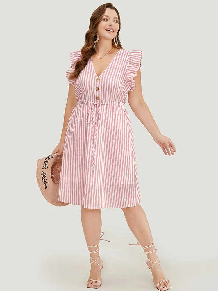 Striped Print Button Detail Ruffle Trim Drawstring Dress sold by Bloomchic