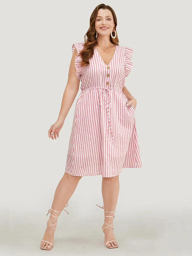 Striped Print Button Detail Ruffle Trim Drawstring Dress sold by Bloomchic product image thumbnail 2