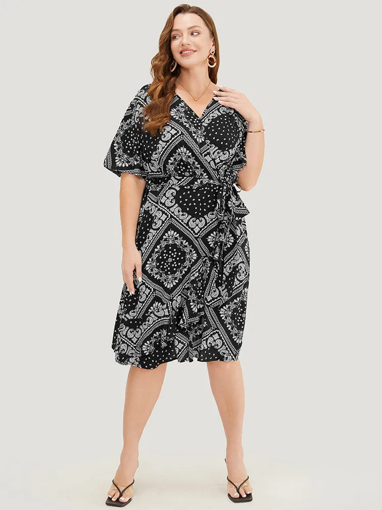 Paisley Print Pocket Belted Wrap Flutter Sleeve Dress sold by Bloomchic product image thumbnail 3