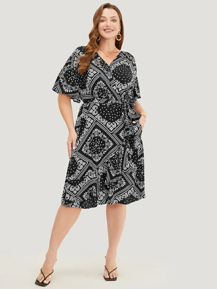 Paisley Print Pocket Belted Wrap Flutter Sleeve Dress sold by Bloomchic product image thumbnail 4