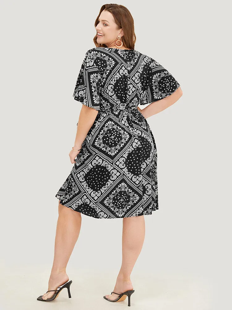 Paisley Print Pocket Belted Wrap Flutter Sleeve Dress sold by Bloomchic product image thumbnail 5