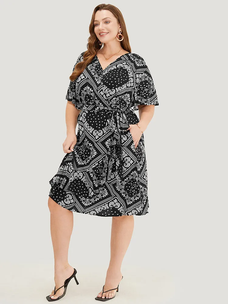 Paisley Print Pocket Belted Wrap Flutter Sleeve Dress sold by Bloomchic product image thumbnail 2
