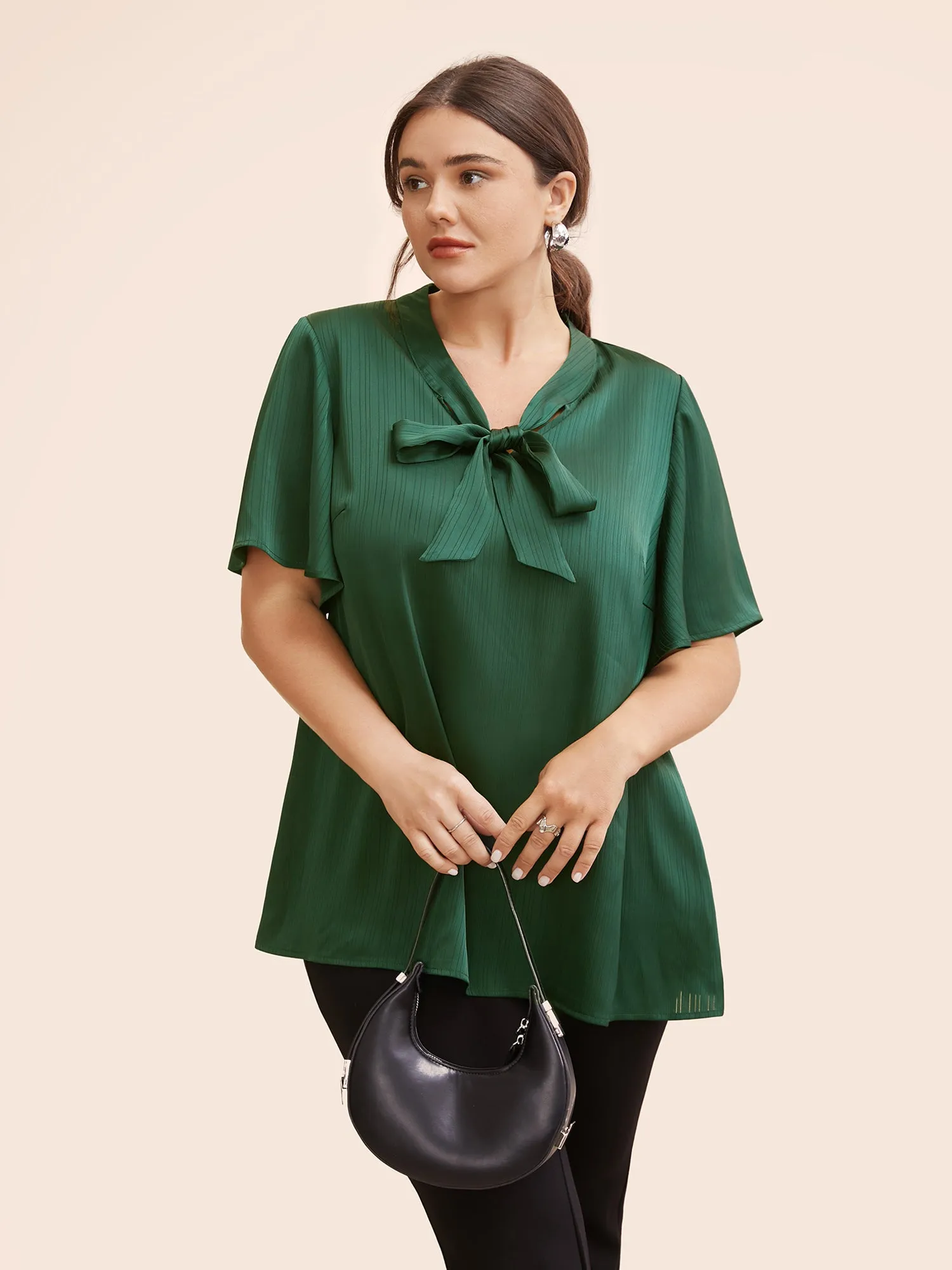 Plain Knot Neck Ruffle Sleeve Blouse sold by Bloomchic