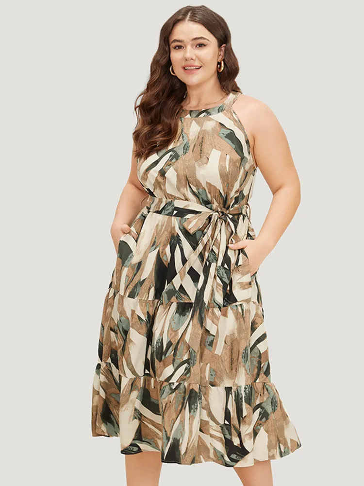 Geometric Contrast Ruffles Layered Pocket Belt Knot Halter Dress sold by Bloomchic product image thumbnail 3