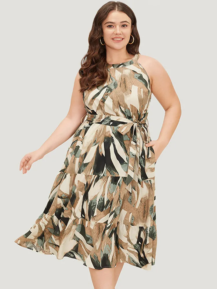 Geometric Contrast Ruffles Layered Pocket Belt Knot Halter Dress sold by Bloomchic