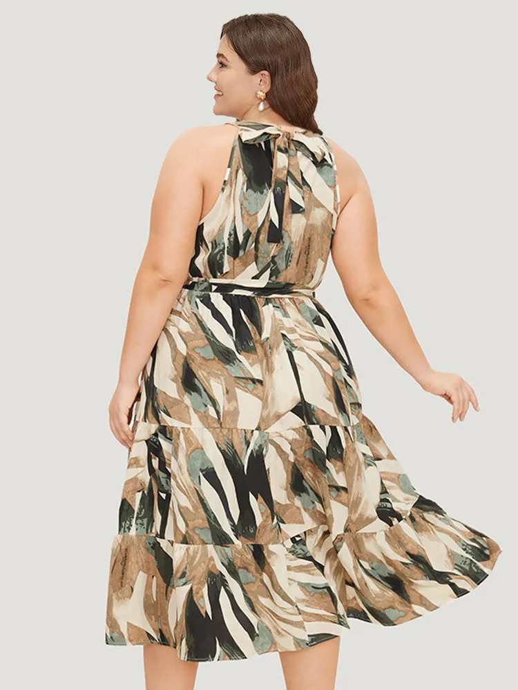 Geometric Contrast Ruffles Layered Pocket Belt Knot Halter Dress sold by Bloomchic product image thumbnail 5