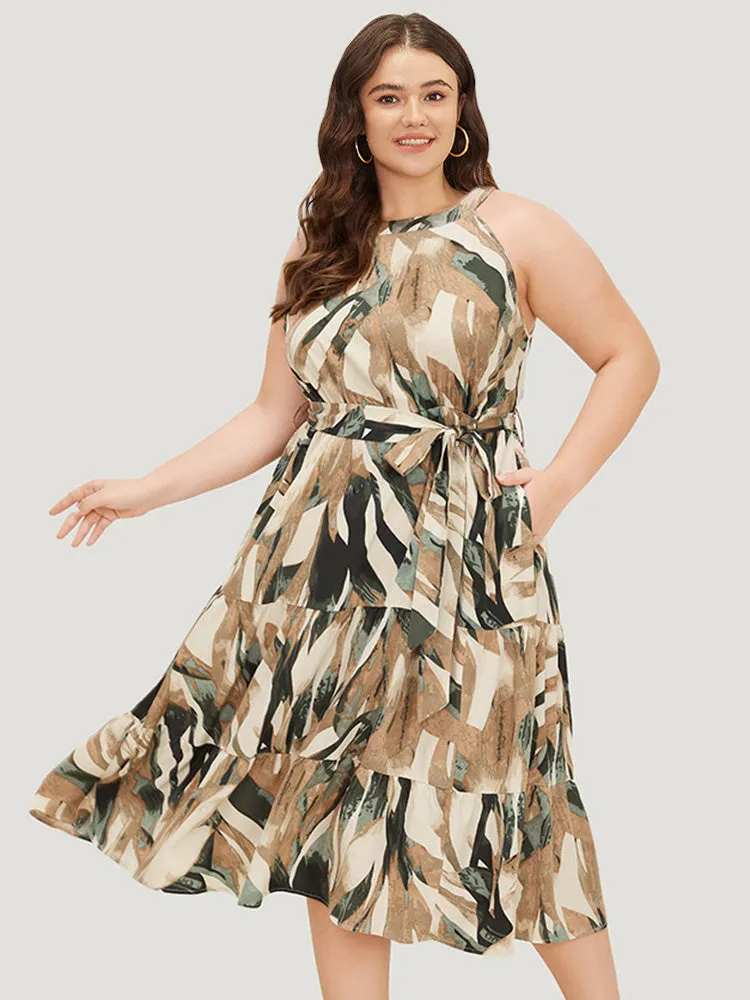 Geometric Contrast Ruffles Layered Pocket Belt Knot Halter Dress sold by Bloomchic product image thumbnail 2