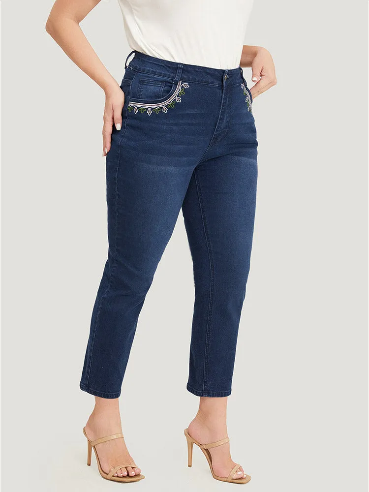 Straight Very Stretchy High Rise Dark Wash Embroidered Trim Jeans sold by Bloomchic product image thumbnail 5