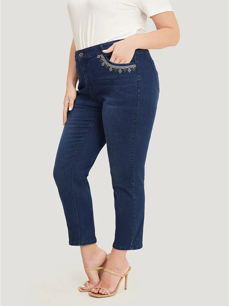 Straight Very Stretchy High Rise Dark Wash Embroidered Trim Jeans sold by Bloomchic product image thumbnail 4