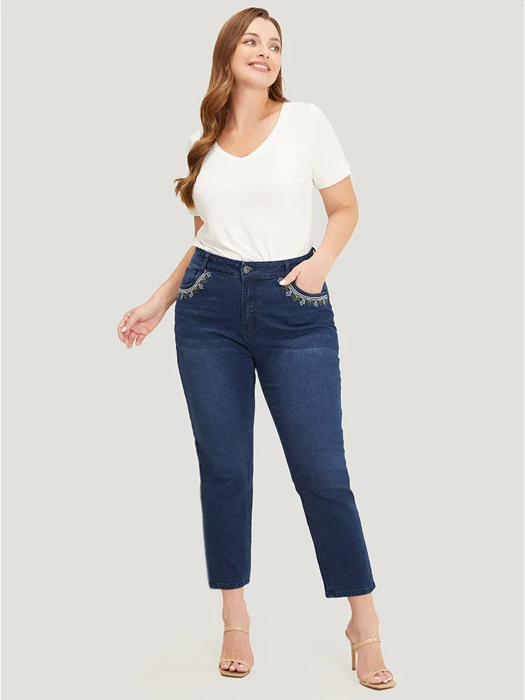 Straight Very Stretchy High Rise Dark Wash Embroidered Trim Jeans sold by Bloomchic product image thumbnail 2