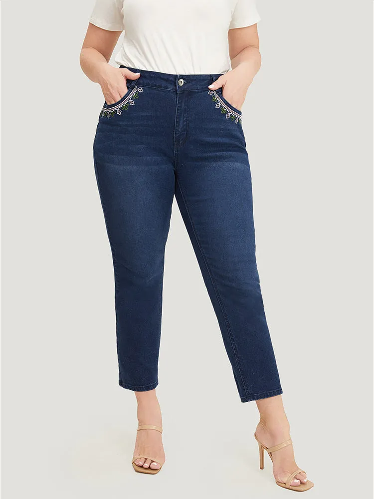 Straight Very Stretchy High Rise Dark Wash Embroidered Trim Jeans sold by Bloomchic