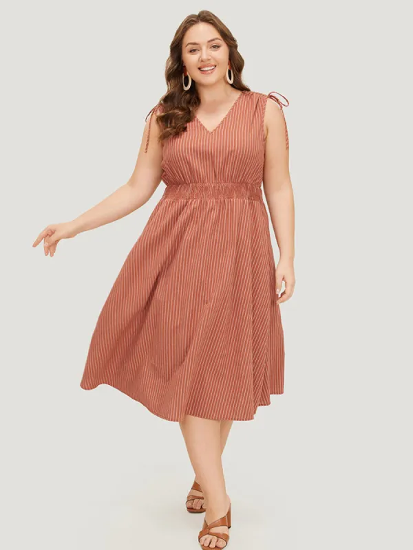 Striped Print Pocket Shirred Drawstring Shoulder Dress sold by Bloomchic