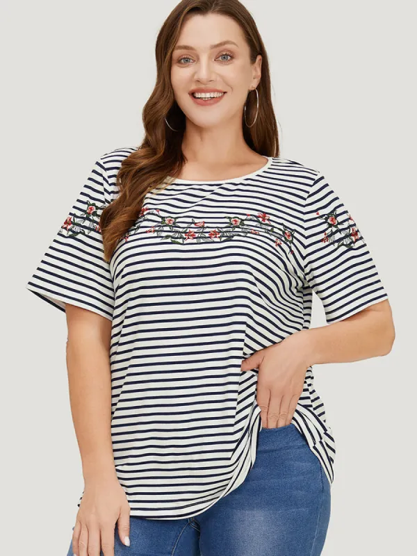 Floral Embroidered Slightly Stretchy Striped T-shirt sold by Bloomchic