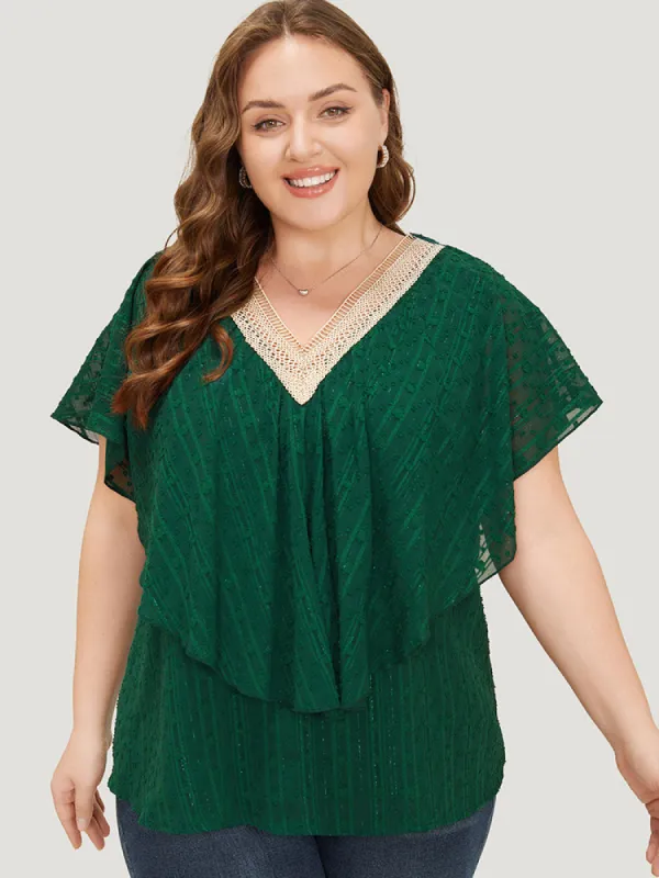 Solid Textured Flutter Trim Contrast Lace Blouse sold by Bloomchic