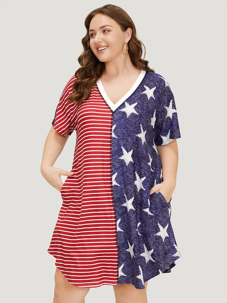 Star & Striped Patchwork Curved Hem Pocket Dress sold by Bloomchic product image thumbnail 3