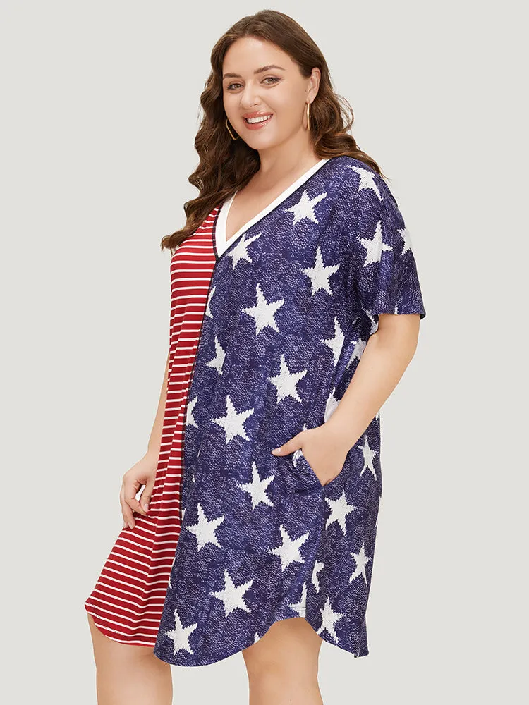 Star & Striped Patchwork Curved Hem Pocket Dress sold by Bloomchic product image thumbnail 4