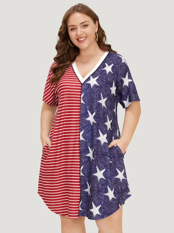 Star & Striped Patchwork Curved Hem Pocket Dress sold by Bloomchic