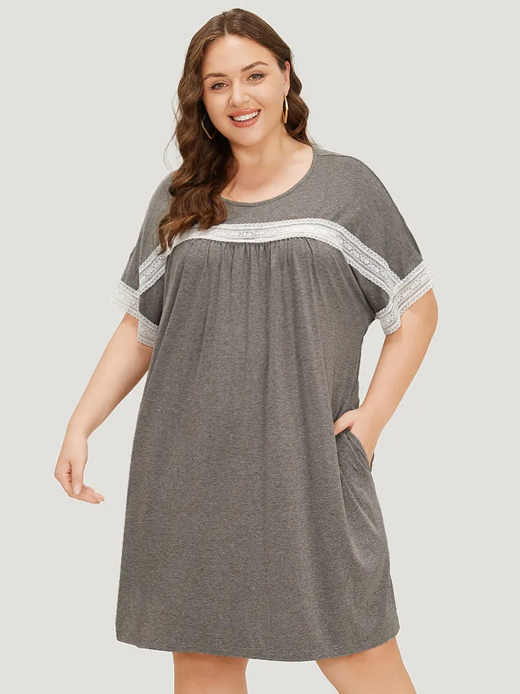 Plain Lace Batwing Sleeve Pocket Gathered Dress sold by Bloomchic