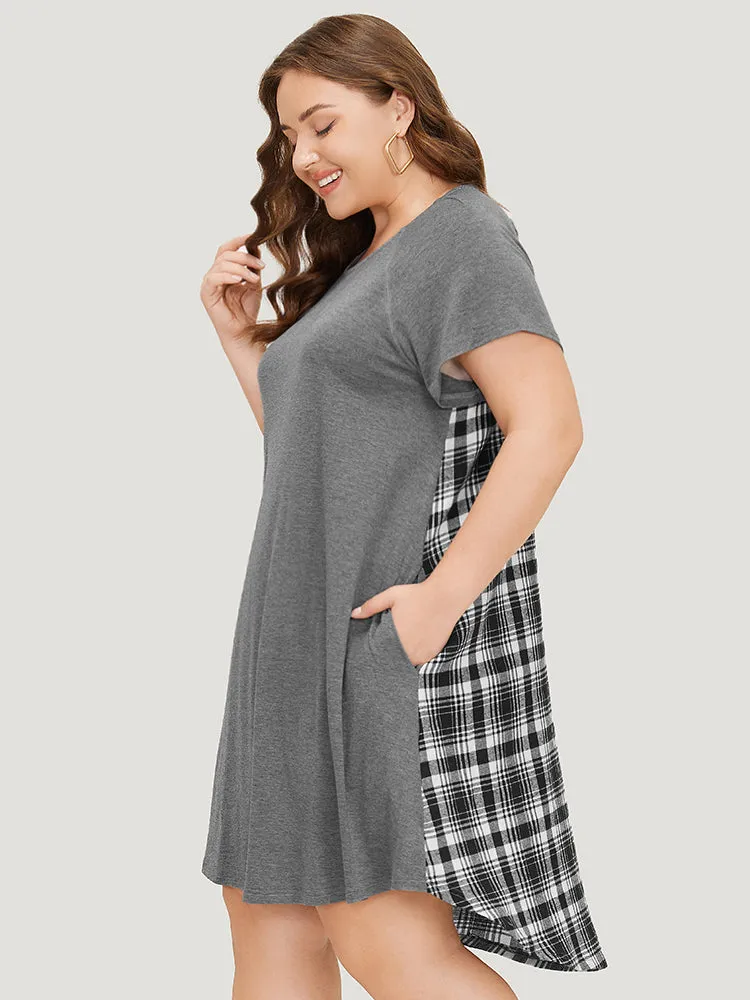 Plaid Patchwork Pocket Raglan Sleeve High Low Dress sold by Bloomchic product image thumbnail 3